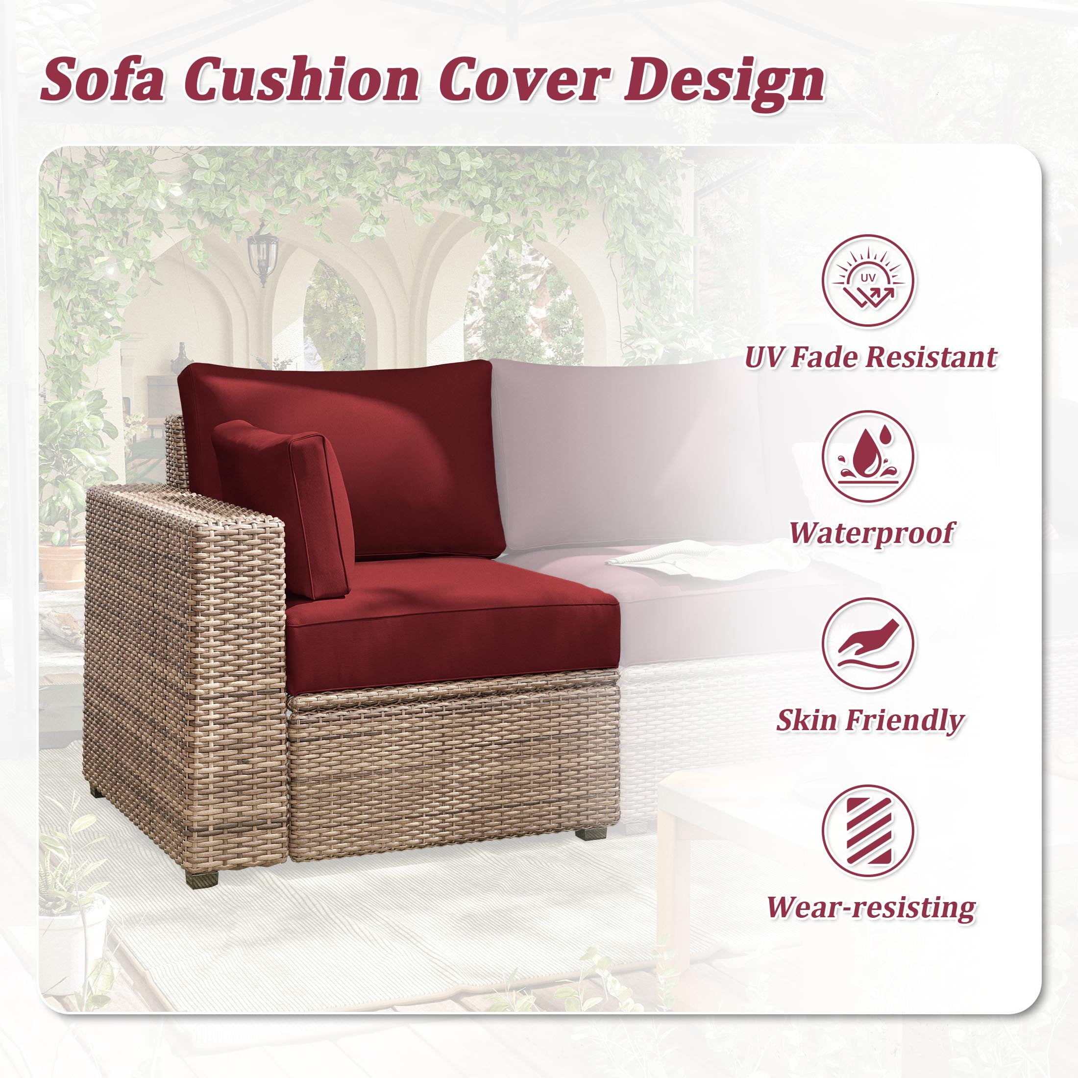 Pakunoda Outdoor Cushions Replacement, 8 Piece Sectional Cushion Fits 3-Seat, 4” Foam Deep Seat, for Patio Rattan Wicker Replacement Cushion, Liner&Cover, Burgundy