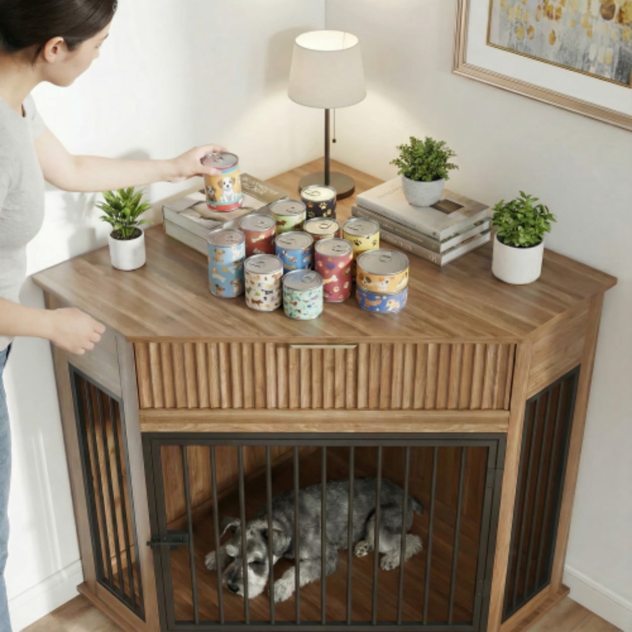 Corner Dog Crate Furniture for Small & Medium Dogs, MDF Kennel End Table with Fluted Drawer Storage, Space-Saving Indoor Dog Cage Cabinet, Natural Walnut