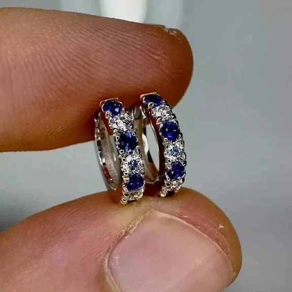 2Ct Round Cut Lab-Created Blue Sapphire Hoop Earrings Women's in 14K White Gold Plated
