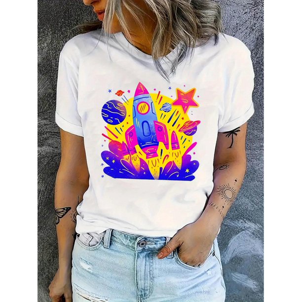 Women's Colorful Rocket Ship Print Tee - Playful Casual Short Sleeve T-Shirt, Vibrant Space-Themed Design with Stars and Planets, Comfortable Summer Top for Casual Attire