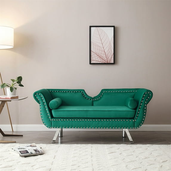 61" Accent Sofa, Modern Velvet Upholstered Loveseat Sofa Couch with Nailhead Trims & Curved Backrest & Rolled Arms & Silver Metal Legs & Removable Cushion, 3-Seat Sofa Armchair for Living Room, Green