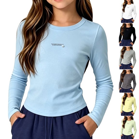 Ruyang Long Sleeve Shirts for Girls Kids Basic Tees Cotton Crew Neck Slim Fit Tops Lightweight Fall Cozy Layering Clothes