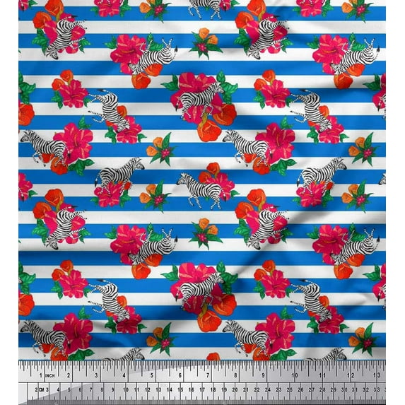 Soimoi Polyester Crepe Fabric Stripe,Leaves & Wild Flower Floral Print Fabric by The Yard 52 Inch Wide