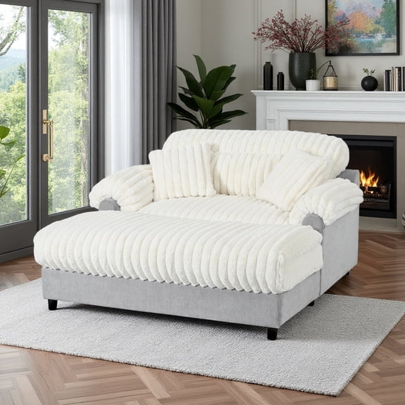 65" W Oversized Faux Fur Upholstered Chaise Lounge with 2 Matching Pillow, Beige