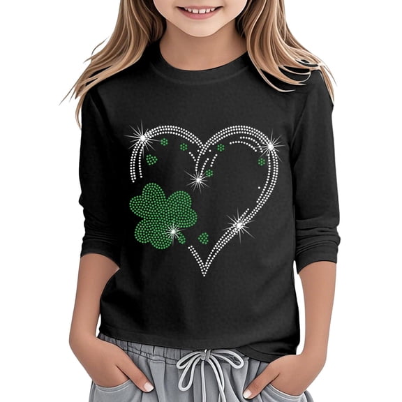 CONZONE St. Patrick'S Day Toddler Baby Girls T Shirts 3/4 Sleeve Fashion Clover Graphic Tee Shirt for Girls Crew Neck Soft Loose Childrens Spring Tops