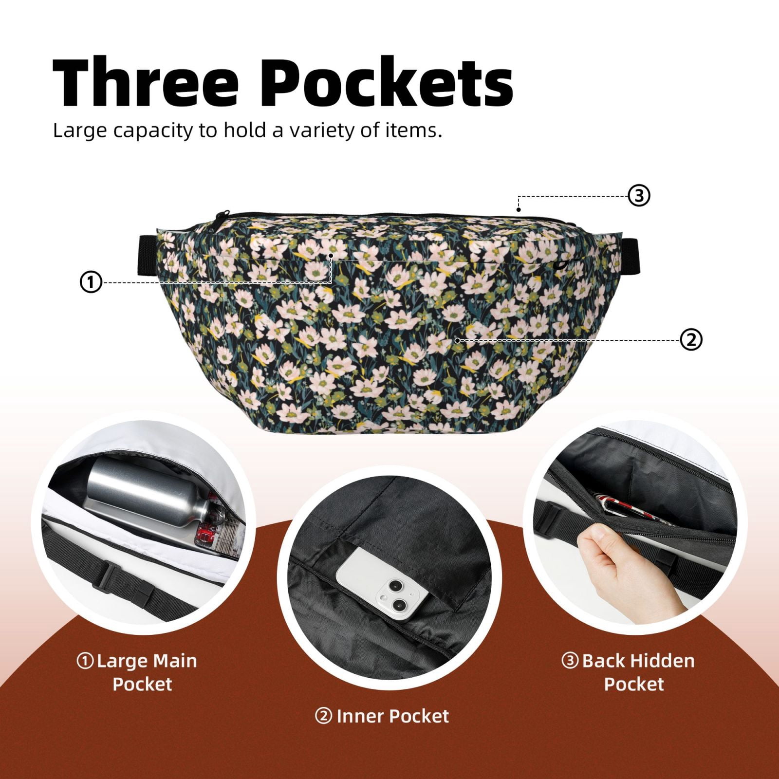 Naloa Flowers Print Running Belts for Men Women,Running Fanny Pack with 2-Zipper Pockets,Waterproof Waist Pack for Travel Hiking Running Outdoor Sports