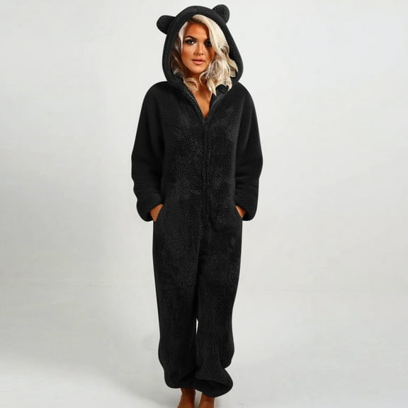 Ailaofu Women's Ultra Comfy Lounge Furry Sherpa Romper Onesie Pajamas Cute Ear Hood