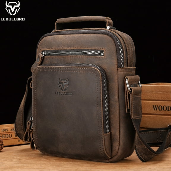 LEBULLBRO Mens Retro Leather Sling Shoulder Bag Crazy Horse Cowhide Vintage Crossbody Bag Coffee