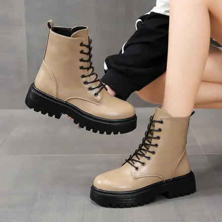 

Yishow-AA Round Toe Lace Up Combat Boots Thick-soled Platform Chunky Calf Boots Women‘s Footwear