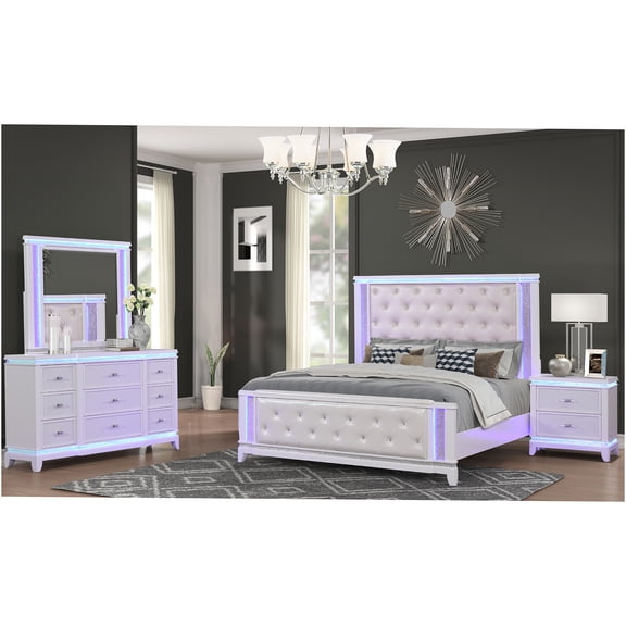JERFIT Modern White King Size 4-Piece Bedroom Set with LED Upholstered Bed, Dresser, Mirror & Nightstand for Contemporary Style