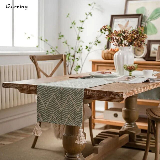 Gerring Nordic Jacquard Blue Table Runner Geometric Tassel Green Tea Table Flag Modern Elegant Table Runners For Dining Table
