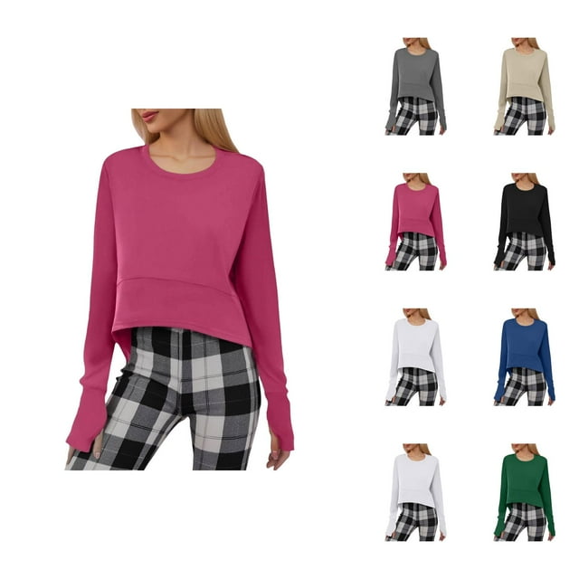 Chemises d'Automne pour Femmes 2025 Couleur Unie Col Rond Ample Course Entraînement Physique Hauts Courts Blouse Manches Longues pour Femmes