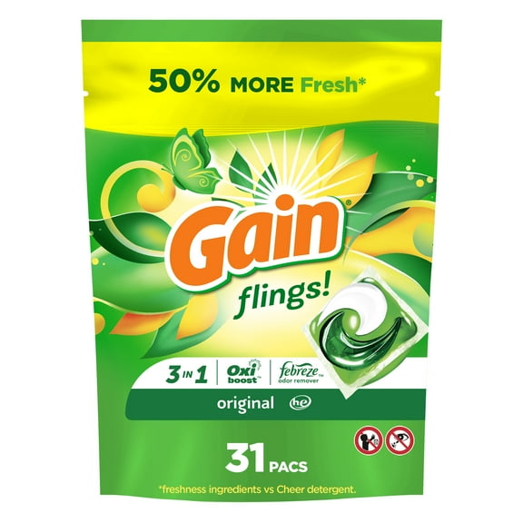 Gain Flings 3-in-1 Oxi Boost and Febreze Laundry Detergent Pacs, Original Scent, 31 Count