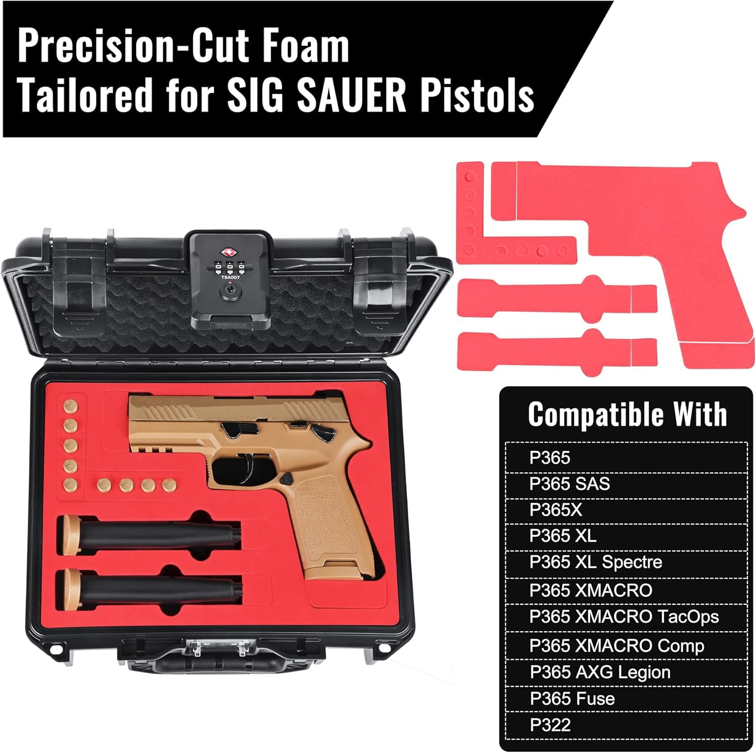 Gun Case for SIG SAUER P322/P365, Waterproof & Lockable Hard Pistol Case with Pre-Cut Foam, TSA Approved Firearm Travel Case, Handgun Case Not for Optics