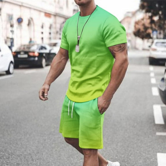 M-5X Plus Size 2 Piece Outfits Sets for Men Big and Tall Summer Gradient Printed Short Sleeve T-Shirts and Shorts Workout Suits with Pockets