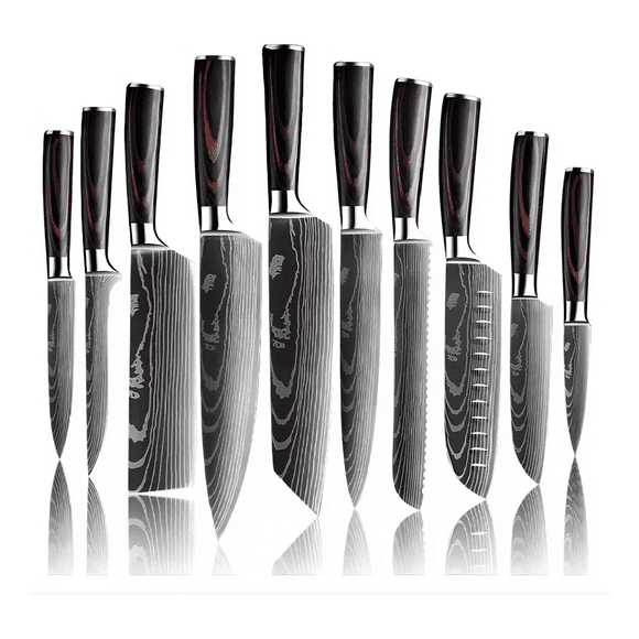 Juego De 10 Cuchillos Con Estilo De Acero De Damasco Mango de Madera Malubero, Plateado
