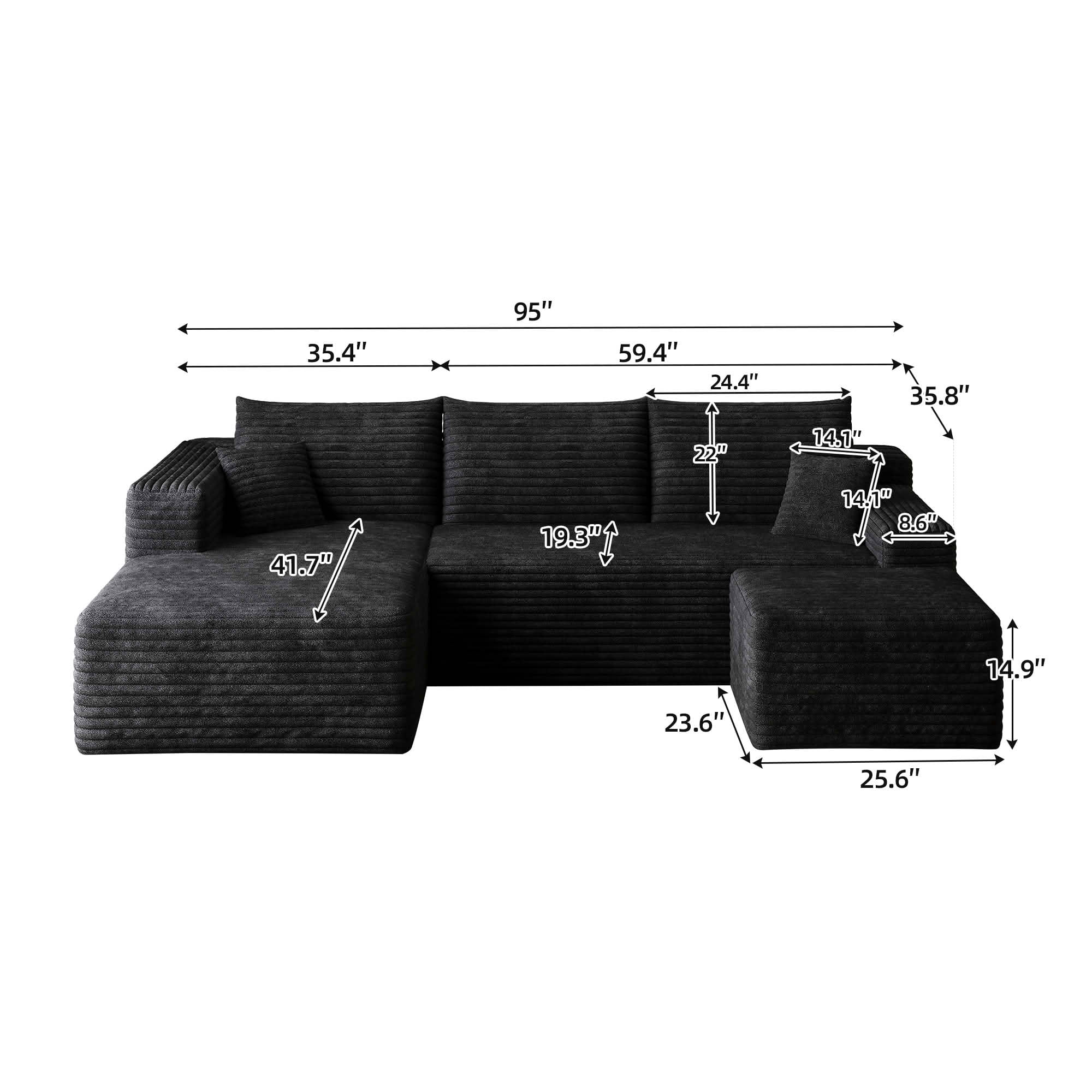 MAYEERTY 95" Corduroy U-Shaped Sectional Sofa with Ottoman, Deep Seat Cloud Couch, No Assembly Leisure Sofa for Home