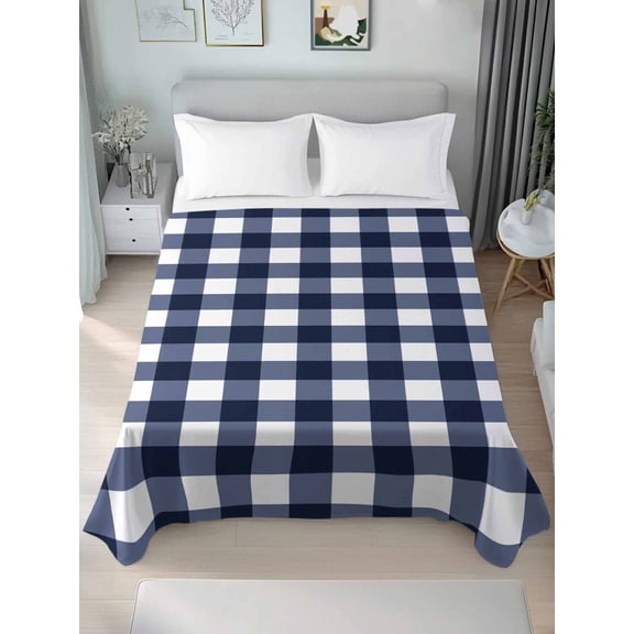 Navy Blue Check Twim Size Flat Sheet, Wrinkleproof & Fadeproof Cooling Flat Bed Sheet Only, Farmhouse Buffalo Plaid Blue Breathable Soft Bedding Top Sheets 66 x 96 Inches