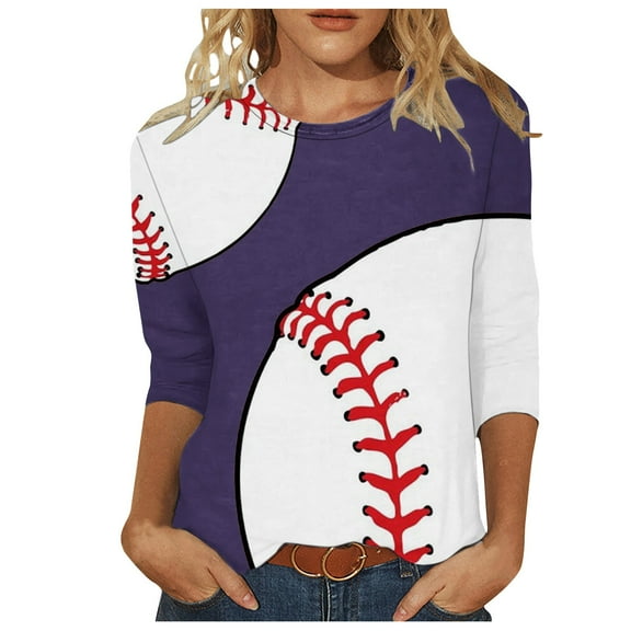 Women's Summer Clothes Basic Tees for Sports Round Neck Blouse 3/4 Sleeve Tunic Tops for Lady Loose Fit Flowy Baseball Graphic Tops Y2K Tops Dressy Casual Fashion 2024 Vintage Navy T Shirts S