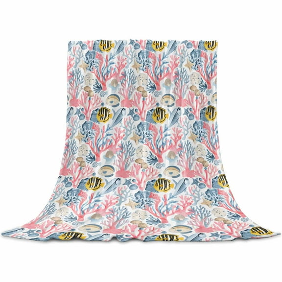 Pink Blue Coral Flannel Blanket for Bed, Coastal Summer Beach Fish Ocean Soft Cozy Warm Couch Throw Blanket, Lightweight Fluffy Plush Bedding Blankets for Sofa Decor All Season 30"x40"