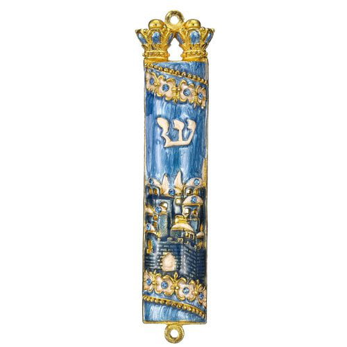 Hand Painted Blue Enamel Mezuzah with Jerusalem City Design Crystals by Matashi 