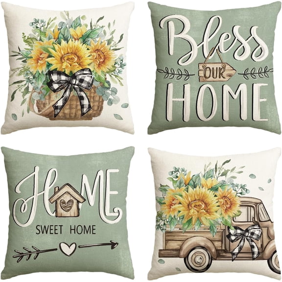 Bless Our Home Sunflower Eucalyptus Leaves Throw Pillow Covers, 18 x 18 Inch Seasonal Spring Summer Truck Home Sweet Home Cushion Case Decorations Set of