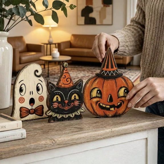 3 Pack Vintage Halloween Wooden Tabletop Signs, Ghost Black Cat Pumpkin Tiered Tray Decor, Retro Farmhouse Halloween Table Centerpiece Ornaments for Mantel, Coffee Bar, Shelf Home Party Decor