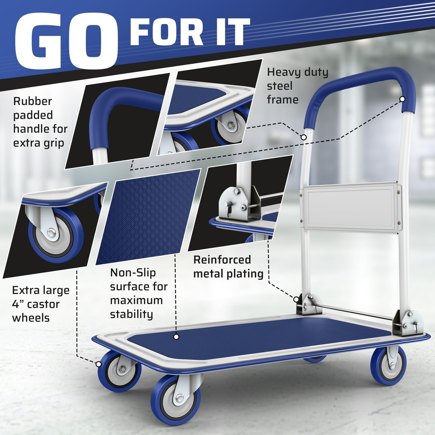 Lifetime Appliance Parts Upgraded Foldable Push Cart Dolly | 330 lbs. Capacity Moving Platform Hand Truck | Heavy Duty Space Saving Collapsible | Swivel Push Handle Flat Bed Wagon - (Blue)