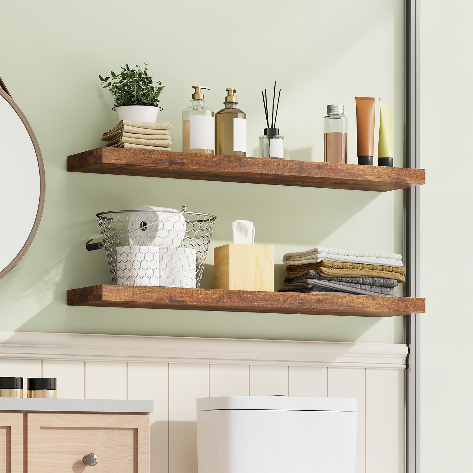 Fairy 2pcs Floating Shelves for Wall, 22.5in Bathroom Kitchen Shelves for Farmhouse Decor, Rustic Brown