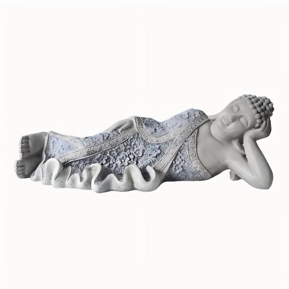 29 in. Gray Resin Outdoor Garden Statue Oriental Zen Reclining Buddha Sculpture for Tatami Tea Room, Altar Table