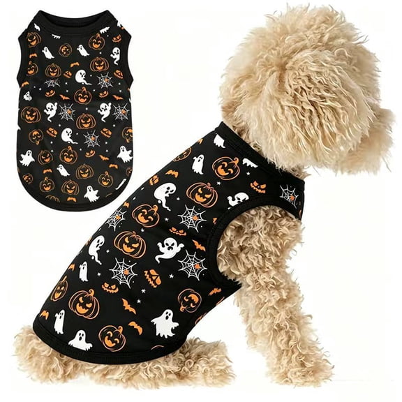 SENHAWK Halloween Dog Sleeveless Tank Vest, Pumpkin Ghost Bat Print Pet Festive Shirt, Breathable Elastic Holiday Apparel, compatible with Small & Medium Dogs, for Halloween Party Dress‑up