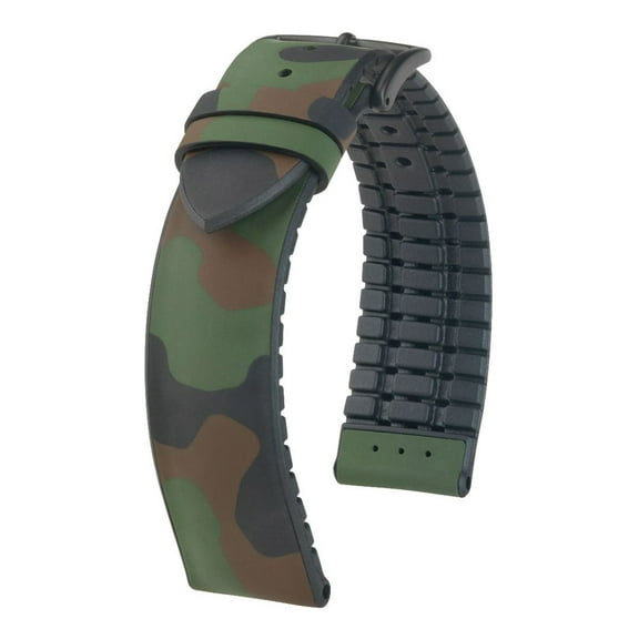 Hirsch John Leather & Rubber Watch Strap - Dark Green - L - 20mm - Black Buckle - Camouflage