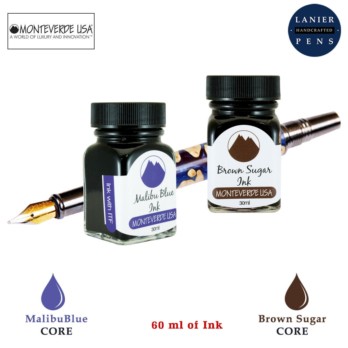 Monteverde 60ml Core Fountain Pen Ink Bottle (30ml Malibu Blue Ink Bottle G309MU, 30ml Brown Sugar Ink Bottle G309BS)