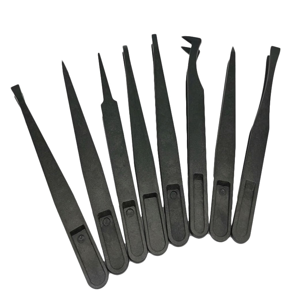 8pcs Portable Black Anti-static Plastic Tweezer Heat Resistant Repair Tool Set 