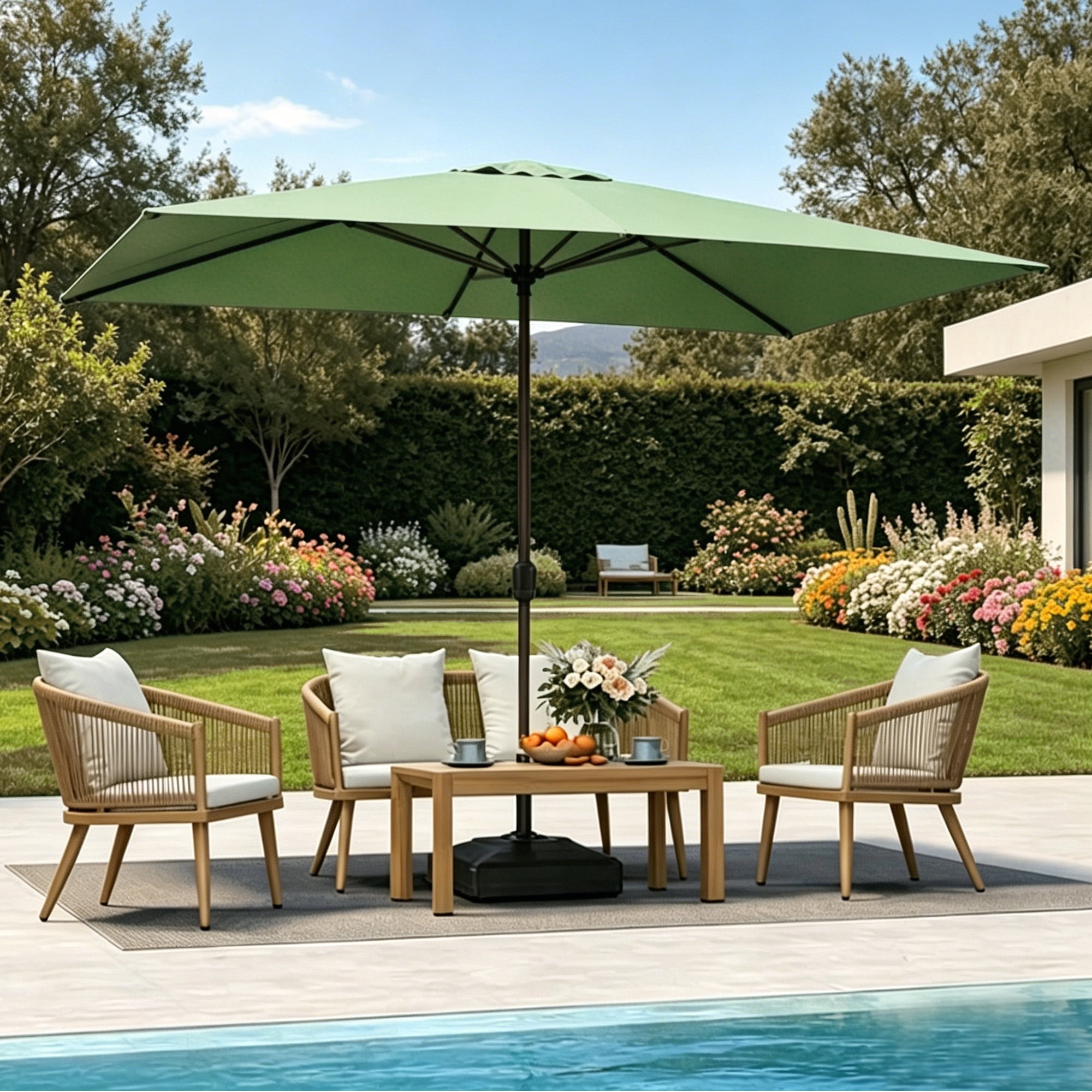 Kool 10x6.5ft Rectangular Patio Umbrella with Crank Handle, Outdoor Market Umbrella with 6 Sturdy Umbrella Ribs, Waterproof, Green