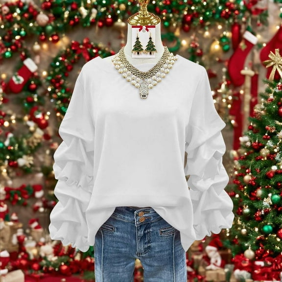 CQONEPT Women's Sweatshirts Pleated Sleeve Pullover Tops Crewneck Solid Color Shirts Lounge Fall Fashion Tops White L