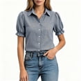 thumbnail image 4 of Admvng Women's Gingham Plaid Shirt Lapel V Neck Puff Ruffle Short Sleeve Chest Pocket Button Down Casual Blouse Tops, 4 of 6