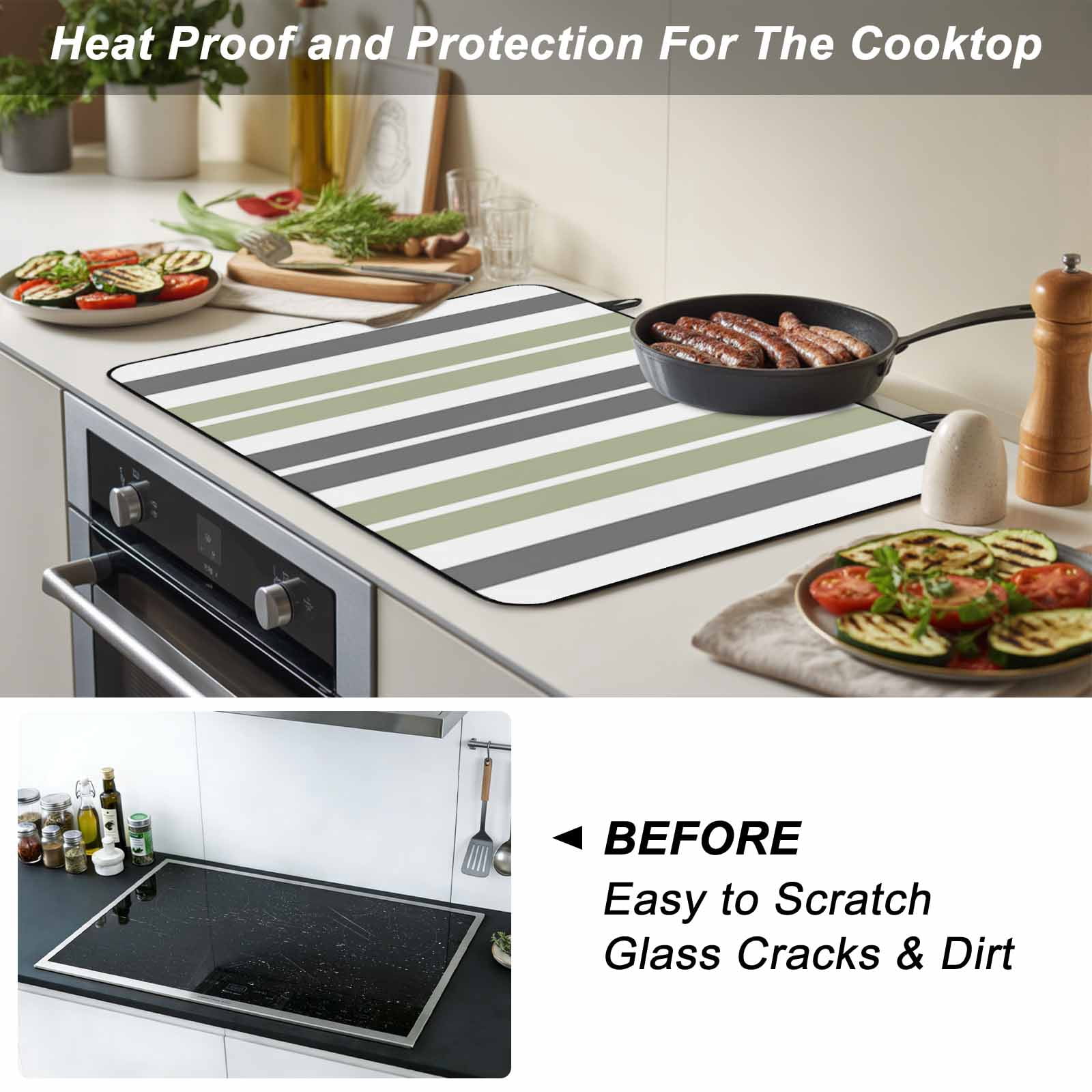 Sage Green Grey Striped Stove Top Cover for Electric Stove, Heat-proof & Non Slip Glass Top Stove Cover Protector, Gray Modern Abstract Art Kitchen Flat Cooktop Rubber Mat 24x21 Inches