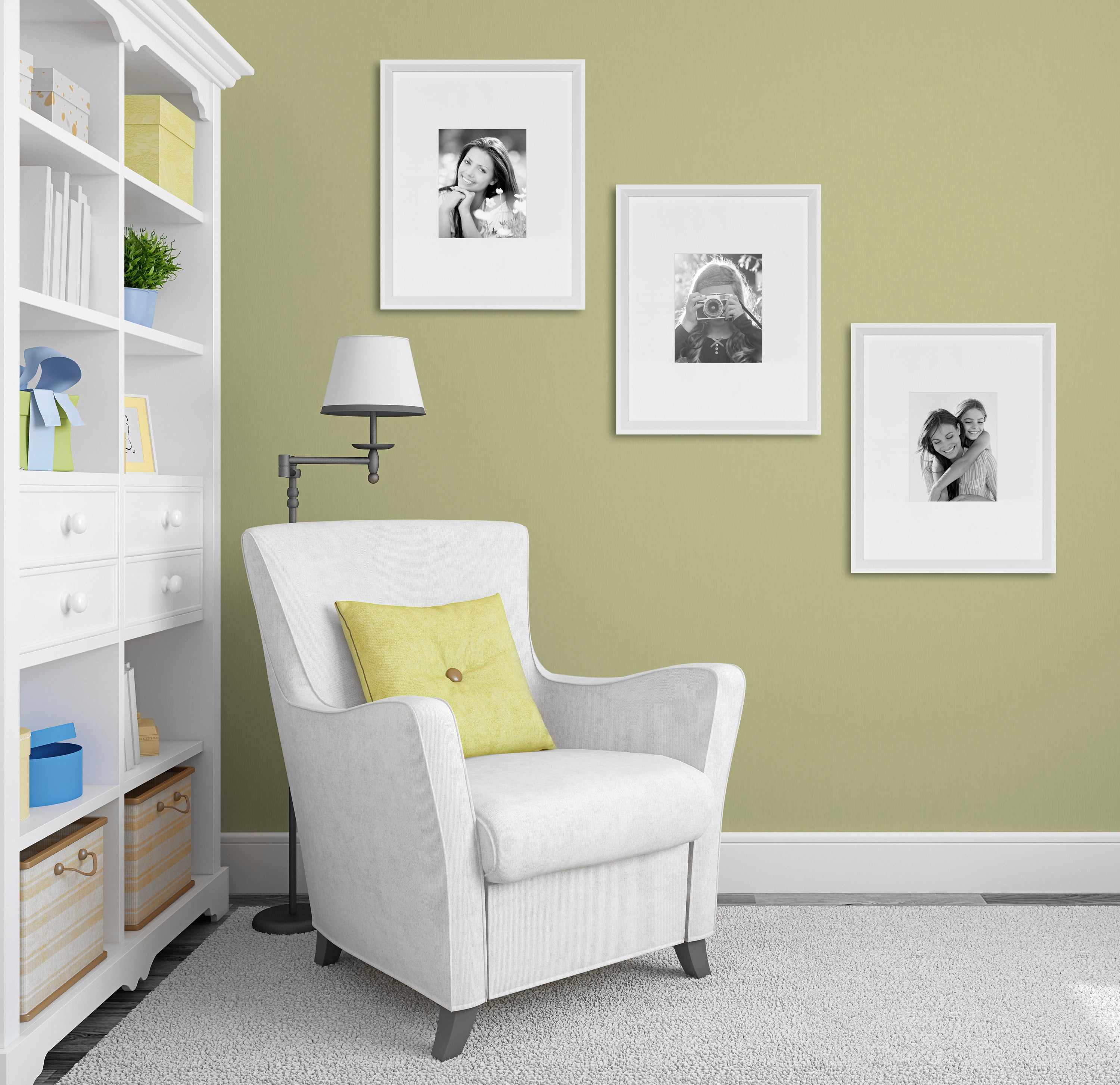 Kate and Laurel Calter Modern Wall Picture Frame Set, White 16x20 matted to 8x10, Pack of 3, Portrait Photo Frames for Wall Display
