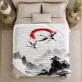 thumbnail image 5 of Red-Crowned Crane Japanese Ink Wash Landscape, Peaceful Mountain Lake Scene, Warm Flannel Blanket for Cabin and Lodge, Outdoor Lovers Camping Gift, Rustic Home Decor, 5 of 9