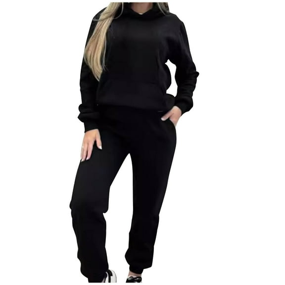 Inleife Sweatsuits for Women Plush Lounge Sets Women's Solid Color Hooded Long Sleeve Elastic Waist Pockets Long Pants Sets
