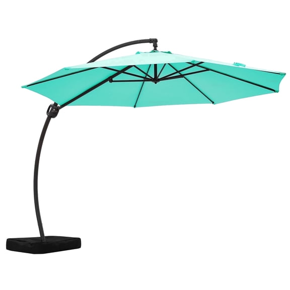 FUNDAZE 10ft Market Patio Umbrella with Base, Curved Cantilever Hanging Sun Shade with Crank & Tilt for Garden, Deck, Poolside,Turquoise