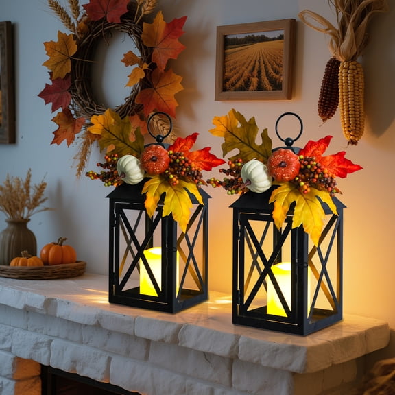 2 Piece Autumn Harvest Metal Lantern Set with Flameless Pillar Candles, Decorative Black Lantern,Artificial Pumpkins, Berries & Fall Leaves – Festive Decor for Porch, Yard & Thanksgiving