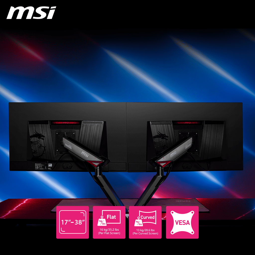 MSI MPG MT161DR Premium RGB Dual Monitor Arms, Iron Gray, Supports 17”-38", 35.2 lbs. per flat screen or 28.6 lbs. per curved screen