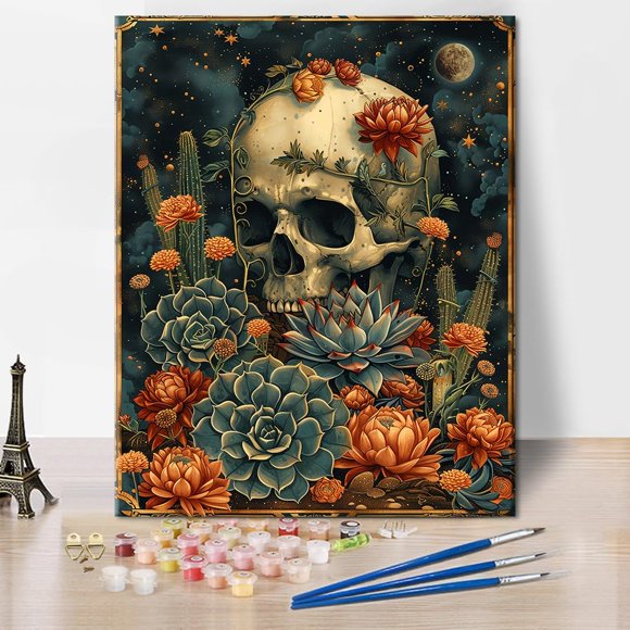 shiyou-Paint by Numbers for Adults Beginner Skull with Flowers Paint by Number Skull Painting by Numbers for Adults DIY Paint by Numbers Kit with Paint Brushes Art Crafts Canvas, 16 x20 Inch