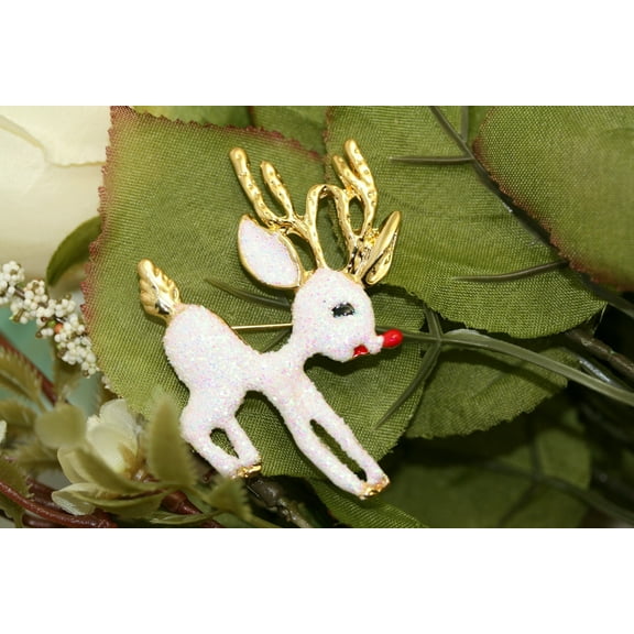 Beautiful Rudolph Reindeer Sparkling White Christmas Reindeer Pin Brooch, Christmas Jewelry