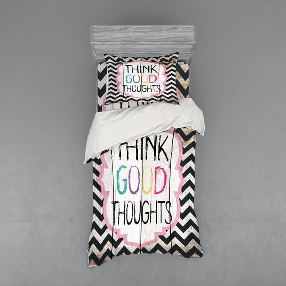 Saying Duvet Cover Set, Think Thoughts Message with Rainbow Colored Letters on Chevron Zigzag Lines, Bedding Set with Shams and Fitted Sheet, 3 Sizes, by Ambesonne