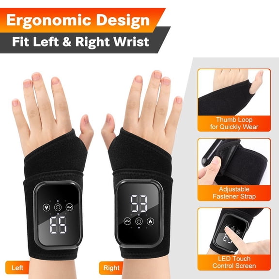 Wrist Massager with Heat, 2Pcs Cordless Heated Wrist Brace with 3 Vibration Modes, Portable Hand Warmer for Carpal Tunnel & Arthritis Pain Relief for Home Office Travel, Black