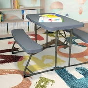 Classroom Essentials Easy-Fold Gray Folding Plastic Kids Outdoor Picnic Table and Benches - Commercial Grade - Seating for 4 Kids
