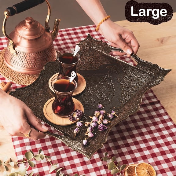 Large Turkish Antique Arabic Tea Coffee Serving Tray Decorative for Party Table - Bar Outdoor Dresser Fancy Metal Rectangle Decor Moroccan Rustic Style Wedding Tray Traditional Vintage